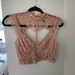 Blush light pink Lace bustier crop top Windsor medium high neck vintage inspired